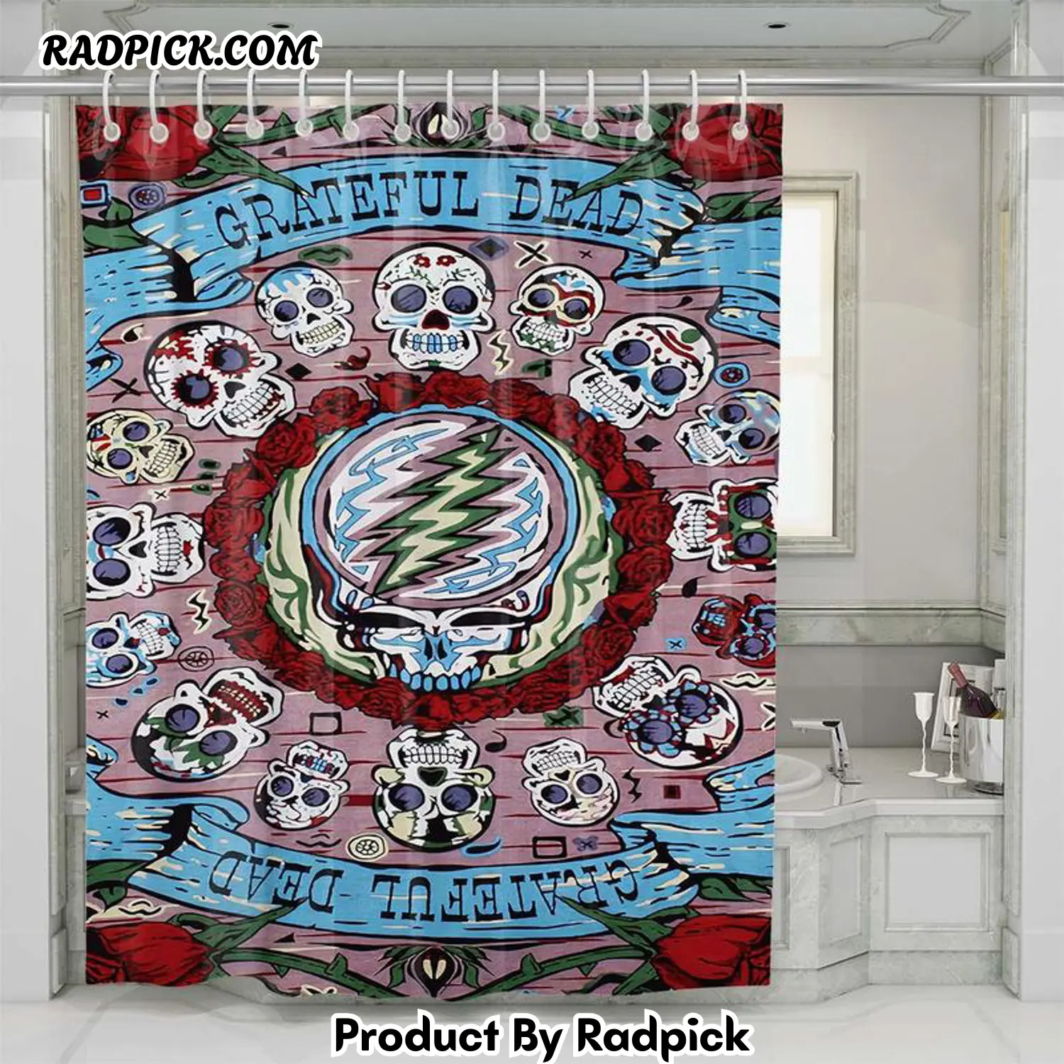 Grateful dead band skull shower curtain set for bathroom decor gift for friends rp387852